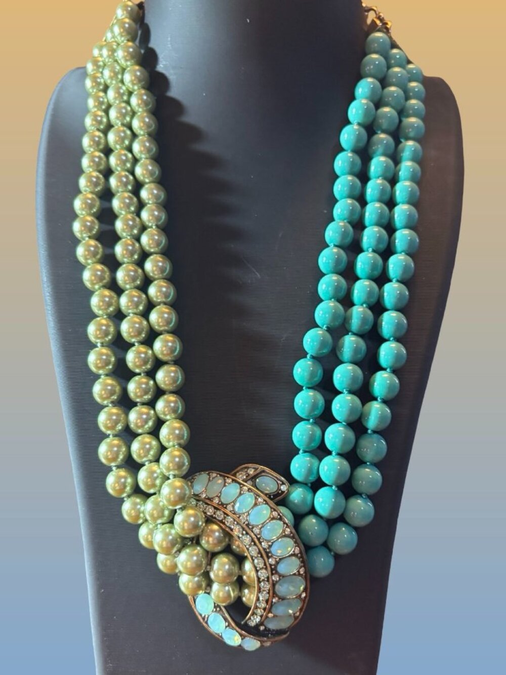 Heidi Daus Green Turquoise Glass Bead Necklace Earrings Ring Parure Vintage